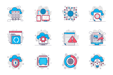 Aufkleber - Cloud technology concept flat line icons set. Cloud storage and database servers. Bundle of networking, global, search, settings, security, other. Vector conceptual pack outline symbols for mobile app