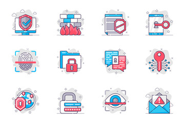 Aufkleber - Cyber security concept flat line icons set. Data protection on Internet. Bundle of shield, access, key, fingerprint, privacy, password, other. Vector conceptual pack outline symbols for mobile app