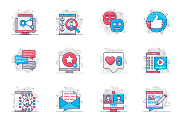 Leinwandbilder - Social media concept flat line icons set. Networking and online communication. Bundle of link, search, user, emoticon, like, chat, rating, other. Vector conceptual pack outline symbols for mobile app