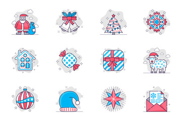 Poster - Christmas concept flat line icons set. Happy New Year, festive decor. Bundle of santa claus, bell, tree, snowflake, cookies, gift, sheep, other. Vector conceptual pack outline symbols for mobile app