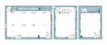 Set Of Vector Weekly Planner, Gift Planner And Todo List With Polar Bears, Christmas Trees, Decorative Elements, New Year Illustration