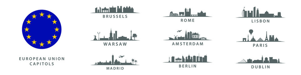 Wall Mural - Collection of European Union Capitols, Big CIty on old continent, important metropolis set panorama