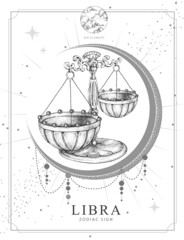 modern magic witchcraft card with astrology libra zodiac sign. realistic hand drawing scales illustr