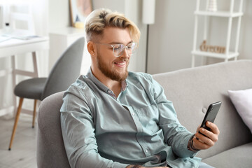 Poster - Young man with mobile phone video chatting at home