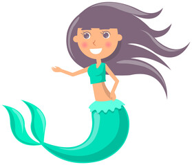 Sticker - Beautiful mermaid on white background. Girl with fish tail. Water nymph, cute nixie. Cartoon nautical character lives in ocean. Sea dweller, seamaid fairy woman. Underwater animal life