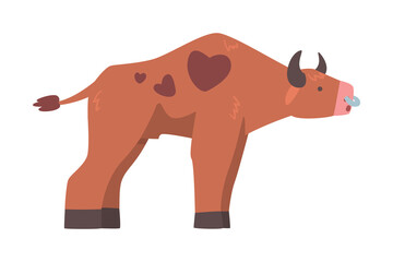 Poster - Brown Spotted Bull with Horns and Ring in the Nose in Standing Pose Vector Illustration