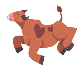 Wall Mural - Brown Spotted Bull with Horns and Ring in the Nose Jumping with Joy Vector Illustration