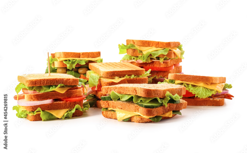 Tasty sandwiches on white background