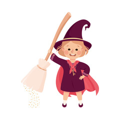 Poster - Little Girl Witch Wearing Purple Dress and Pointed Hat with Broomstick Practising Witchcraft and Doing Magic Vector Illustration