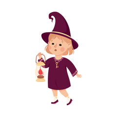 Wall Mural - Little Girl Witch Wearing Purple Dress and Pointed Hat Walking with Lantern Vector Illustration