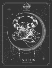 Modern magic witchcraft card with astrology Taurus zodiac sign. Realistic hand drawing bull head