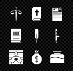 Canvas Print - Set Scales of justice, Holy bible book, Lawsuit paper, Suspect criminal, Money bag, Inkwell, and Feather pen icon. Vector