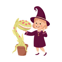 Sticker - Happy Girl Witch in Purple Dress and Pointed Hat Touching Toothy Plant in Pot Practising Witchcraft and Doing Magic Vector Illustration