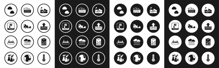 Sticker - Set Earthquake, Car exhaust, Wastewater, Cloud, Rise in level, Glacier melting, Global warming and Oil tanker ship icon. Vector