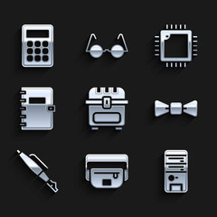 Sticker - Set Antique treasure chest, Waist bag of banana, Computer, Bow tie, Fountain pen nib, Spiral notebook, Processor with CPU and Calculator icon. Vector