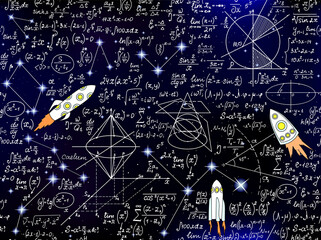 Wall Mural - scientific vector seamless pattern with handwritten physical and mathematical formulas, rockets and 