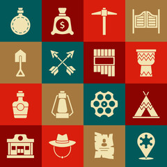 Wall Mural - Set Hexagram sheriff, Indian teepee or wigwam, Drum, Pickaxe, Crossed arrows, Shovel, Canteen water bottle and Pan flute icon. Vector