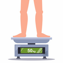 A Person Weighs His Own Weight On A Bathroom Scale. Flat Vector Illustration.