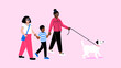 © Sophie Alp - 2 women couple with child walking dog. two Moms Holding hands of son. Queer modern mixed race family of lesbian couple and young boy