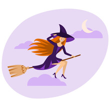 Girl Witch In A Purple Hat Flying On A Broomstick
