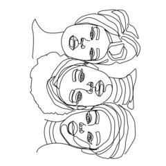 Portrait of three beautiful girls. Vector illustration trendy style minimalist one line