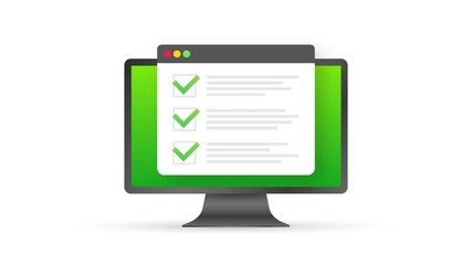 Checklist browser window. Check mark. White tick on laptop screen. Choice, survey concepts. Motion graphics