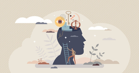 Philosophy study as learning about moral and ethics tiny person concept. Traditional historical ideology ideas research and education vector illustration. Knowledge and curiosity as explore open head.