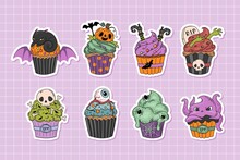 Cute Halloween Cupcakes Cartoon Characters, Stickers Collection In Hand Drawn Style