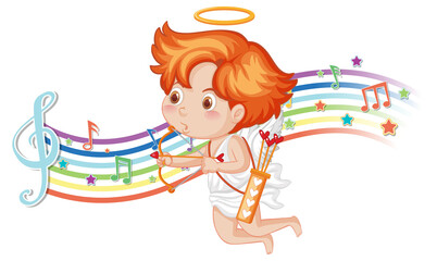 Sticker - Cupid holding bow and arrow with melody symbols on rainbow