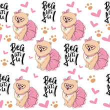 Beautiful Little Spitz Dog Girl And The Inscription Beautiful Seamless Pattern. Vector Cartoon Illustration For Kids T-shirt Design. Birthday Card