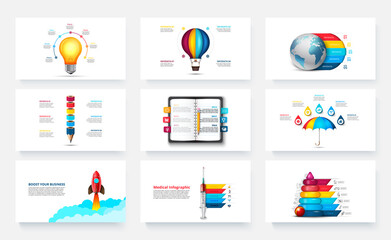 Poster - Set of realism vector illustrations for creative illustrations. Nine infographic presentations slides. Light bulb, balloon, notebook, pencil, umbrella, earth, rocket, syringe and children's pyramid
