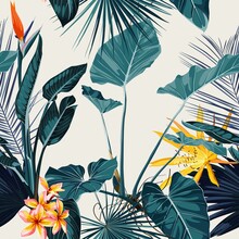 Tropical Vintage  Palm, Monstera, Plant, Strelitzia Orange Flowers Floral Seamless Border Pink Background. Exotic Vintage Jungle Wallpaper.