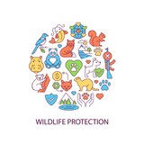 Fototapeta Pokój dzieciecy - Wildlife protection abstract color concept layout with headline. Animal welfare creative idea. Saving pet from cruelty. Biodiversity protection. Isolated vector filled contour icons for web background