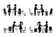 Stick figure business male and female negotiation vector icon set. Stickman office partners handshaking, meeting, talking pictogram on white background
