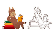 Coloring Book, Cute Lama Is Reading Lying Down, Leaning On A Stack Of Books. Vector ,illustration In Cartoon Style, Line Art, Flat