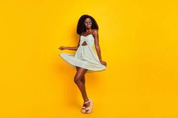 Poster - Full body photo of young black girl happy positive smile gorgeous dress sunglass isolated over yellow color background