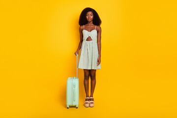 Wall Mural - Full length photo of young black girl serious travel abroad flight plane luggage isolated over yellow color background