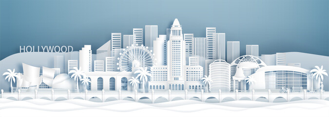 Wall Mural - panorama view of los angeles, california. united states skyline with world famous landmarks in paper