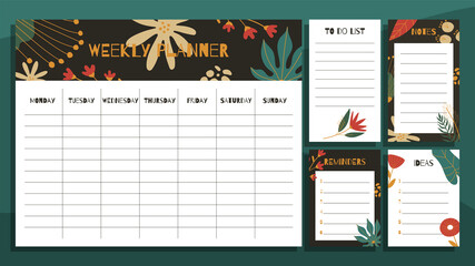 Wall Mural - Weekly planner and paper notes print concept templates set. With hand drawn exotic floral leaves pattern. Vector