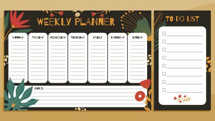 Wall Mural - Weekly planner and to do list print concept templates. With hand drawn exotic floral leaves pattern. Vector