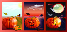Jack O 'Lantern Pumpkin By Day, Evening And Night. Set Of Illustration For Halloween