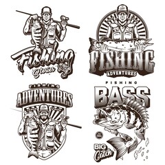 Canvas Print - Fishing monochrome vintage labels