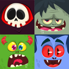 Cartoon Monsters Faces Set. Vector Collection Of Four Halloween Monster Character Square Avatars With Different Face Expressions. Grim Reaper, Zombie, Vampire And Alien Creature.