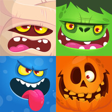 Cartoon Monsters Faces Set. Vector Collection Of Four Halloween Monster Character Square Avatars With Different Face Expressions. Mummy, Zombie, Jack-o-lantern And Alien Creature.