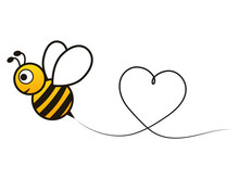 Bee Flying On A Line Route In Heart Shape. Lovely Bee Character. Cute Vector Illustration. Isolated On White Background