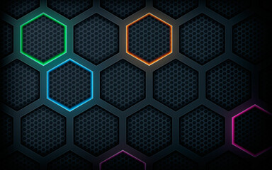Wall Mural - black abstract background hexagon colorful light decoration