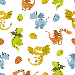 Wall Mural - Seamless cartoon dragon pattern. Funny animal characters for kids. Baby print