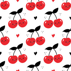 Wall Mural - Couple of cute cartoon style cherry characters and hearts vector seamless pattern background.