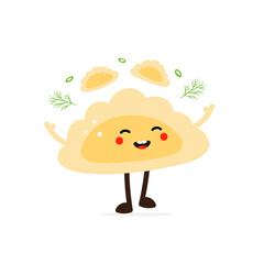 Sticker - Cute happy cartoon style pierogi, filled dumpling character juggling little dumplings and greenery. 
