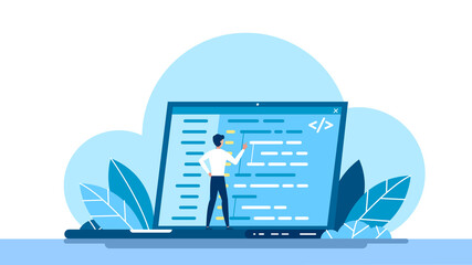 Concept of script coding and programming. JavaScript, PHP, Python, HTML, other languages. Programmer working on web development on the laptop. Software developers. Flat vector cartoon illustration.